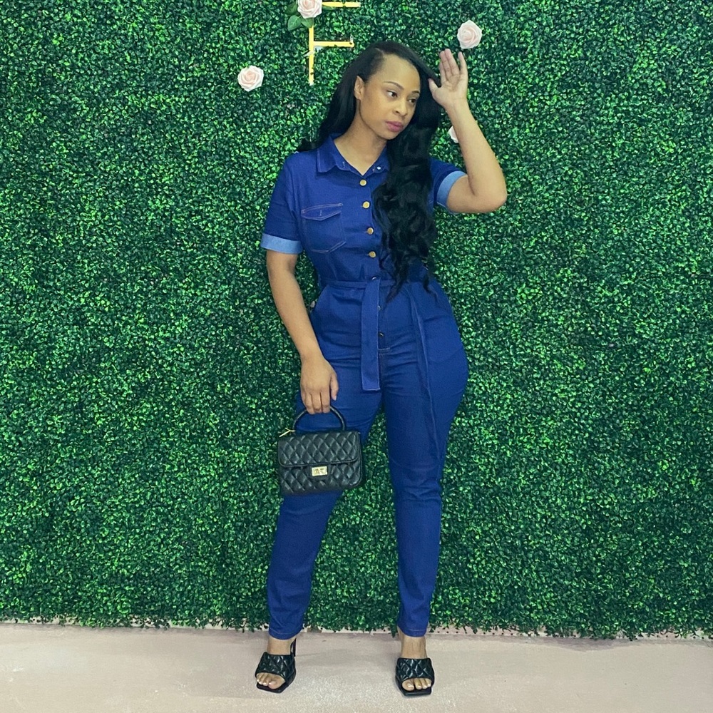 Short Sleeve Belted Denim Jumpsuit